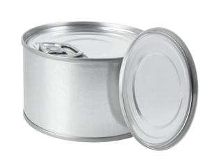 Silver can with opened lid next to it, on a transparent background