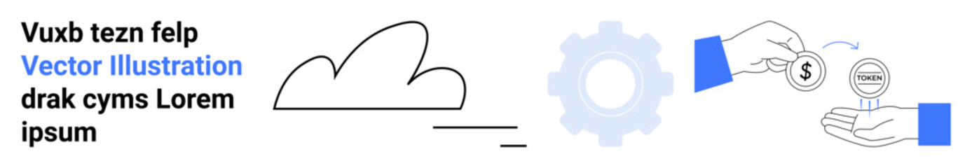 Cloud storage, finance, technology, online payments, data exchange, digital tools. Minimalist cloud, a gear and hands exchanging money. Cloud storage and finance concept in modern technology