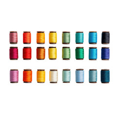 Vibrant assortment of sewing thread spools in various colors. or transparent background