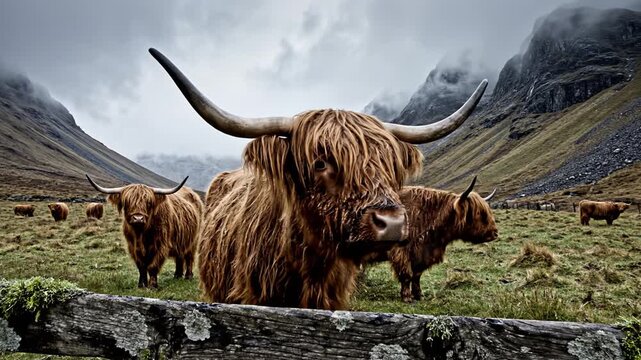 Highland cattle long horn shaggy coat brown fur mountain valley cloudy sky mist rustic fence pasture herd grazing rural farm overcast scenic landscape wooden fence calm cow shaggy fur stand