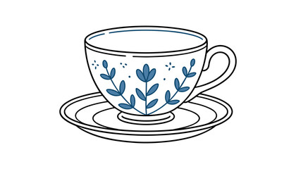 White teacup and saucer with blue floral pattern and black outline on white background coffee cup tea set