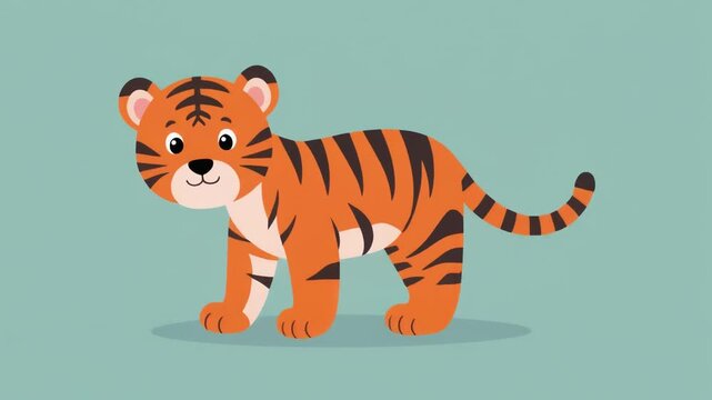 Cute baby tiger cartoon animation in pastel colors with simple thick black outlines on a muted teal background