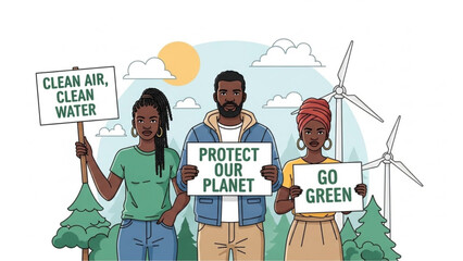 Diverse group of people holding eco friendly protest signs with wind turbines and trees in background promoting clean air and water