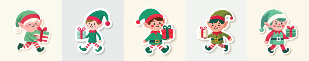 Christmas elf sticker carrying a small gift. Vector, minimalist, illustration, icon set.
