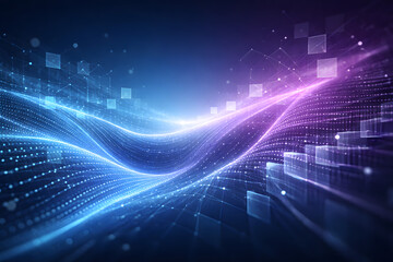 Abstract digital background with glowing blue and purple data streams and interconnected geometric elements, representing technology and network concepts.