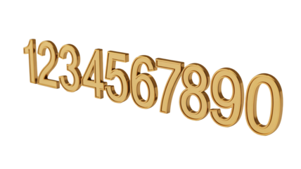 Golden three dimensional numbers one through zero arranged diagonally against a stark for design
