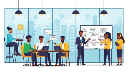 A diverse group of business professionals collaborating in a modern office with laptops and a whiteboard presentation