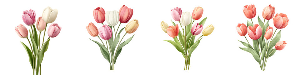 Obraz premium Watercolor Tulip Bouquet Set: Four Floral Arrangements on White