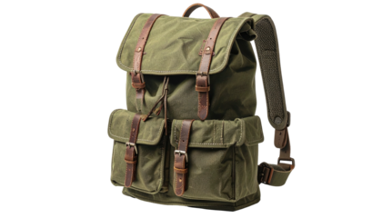 Olive green backpack with leather straps and multiple compartments