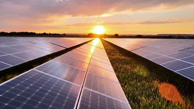 Solar panels installed in a lush green field at sunrise with a serene landscape view