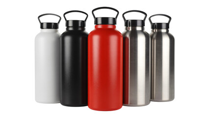 Five insulated stainless steel water bottles in white black red and silver colors on black