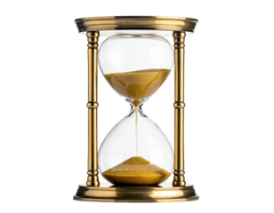 Ornate hourglass with golden frame, sand flowing within clear glass