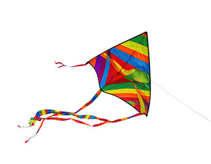 Colorful, diamond-shaped kite with striped wings and long, flowing tails