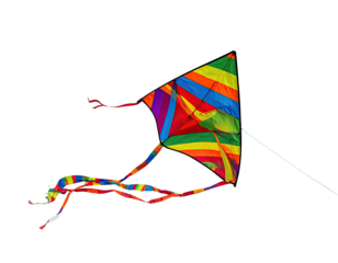 Colorful, diamond-shaped kite with striped wings and long, flowing tails
