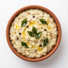traditional ven pongal served in an earthen clay bowl photographed from top view isolated on white background premium south indian food stock image