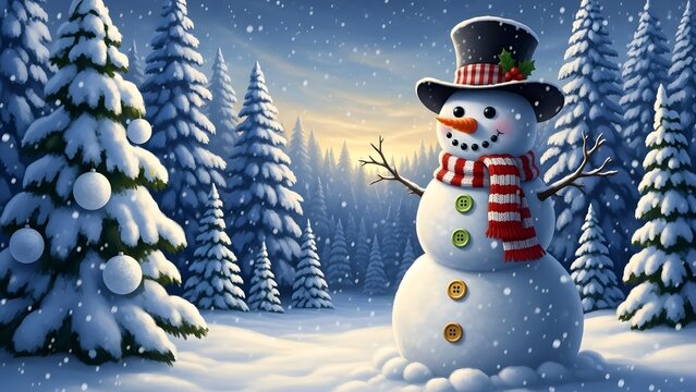 A cheerful snowman wearing a scarf and hat in a snowy forest with pine trees