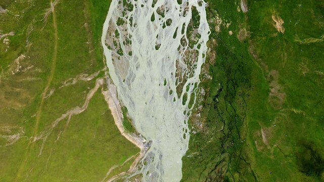 Above View Of The Central Tian Shan Mountains And Glacier River In Kurumduk Valley, Naryn Province In Kyrgyzstan. Aerial Shot