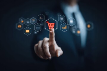 Fototapeta premium Interactive online seller system tracking review progress with AI planning decision, cyberpunk glowing interface