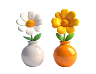 Two cartoon flowers, white and orange, in matching vases