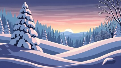 Snowy landscape with pine trees and rolling hills at sunset or sunrise with snow covered ground and mountains in the distance