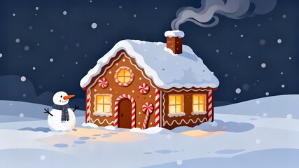 Naklejka premium Magical Gingerbread House at Night with Snowman Christmas Illustration