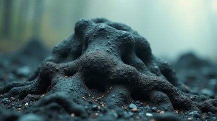 Dark gnarled roots in misty forest soil