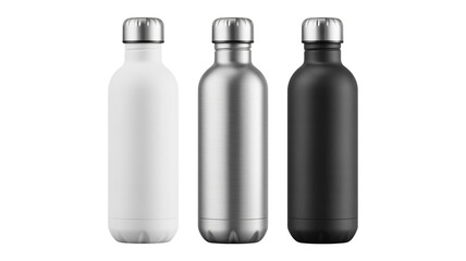 Three insulated stainless steel water bottles in white silver and black mockup