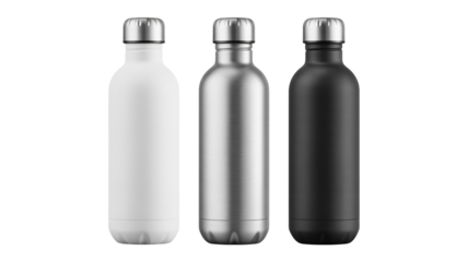 Three insulated stainless steel water bottles in white silver and black mockup