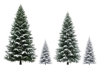 Obraz premium Snow covered evergreen trees in various sizes on white background