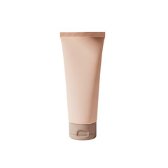 Blank beige cosmetic squeeze tube mockup with flip-top cap on transparent background