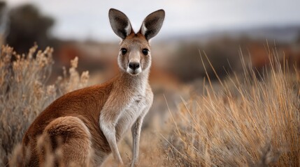 Calm Kangaroo Sitting in Grassland During Overcast Daytime