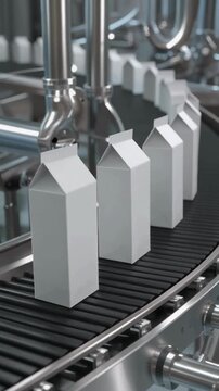 Modern Beverage Production Line Showing White Cartons Moving on Curved Conveyor in Clean Industrial Facility
