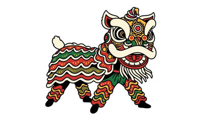 Colorful lion dance costume with intricate patterns and designs on white background