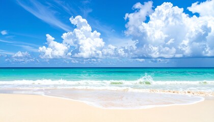 Fototapeta premium A serene tropical paradise landscape featuring a sunny blue sky over a white sand beach and calm turquoise ocean waves framed by lush palm trees for the ultimate summer vacation relaxation