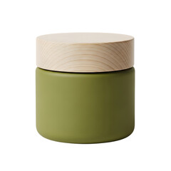 Minimalist olive green storage jar with natural wood lid on transparent background