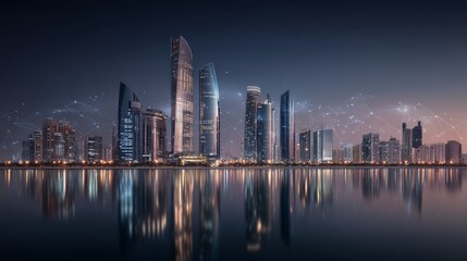 Fototapeta premium Night cityscape with tall modern skyscrapers and reflections