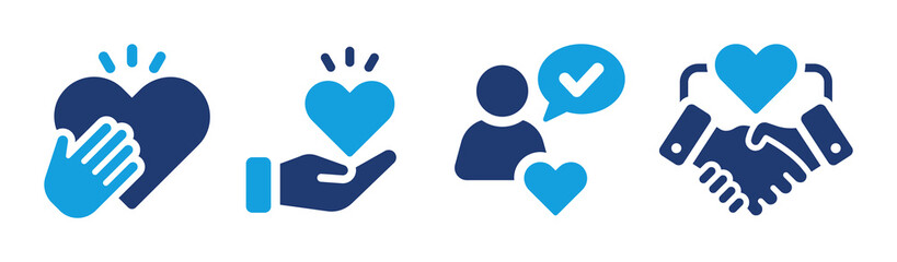 Flat vector icon set representing trust, care, honesty, compassion and human connection, featuring hands, hearts, handshake and user approval symbols