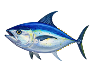 Watercolor rendering of a tuna fish, displaying intricate detail and vibrant color