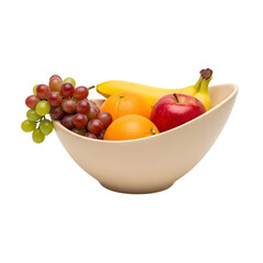 Assorted fresh fruits, including grapes, oranges, apples, and banana in bowl on transparent background