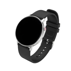 Silver smartwatch with black band on transparent background