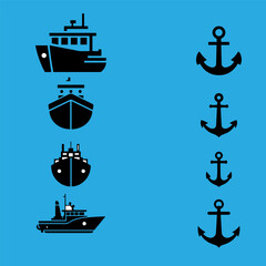 Nautical Ship and Anchor Icon Set on Blue Background