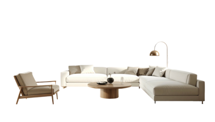 Modern living room scene, sectional, armchair, round table, arch lamp