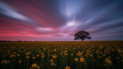 A lone tree standing tall amidst a vibrant field of yellow flowers under a dramatic streaky sky
