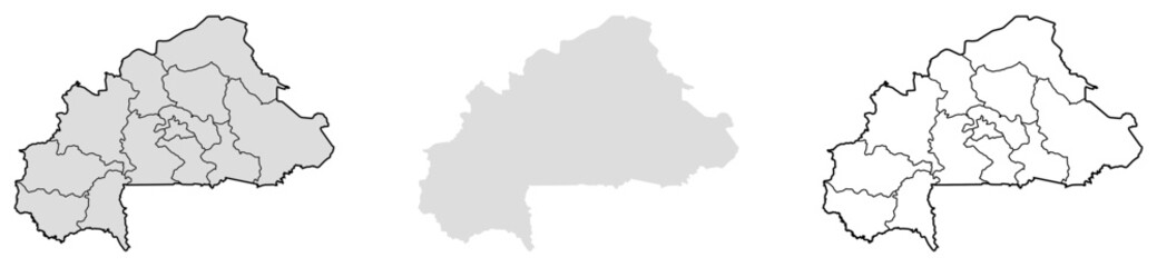 Map of Burkina Faso. Three different geographic styles for education, cartography, infographic design, reporting.