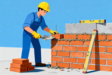 A construction worker in blue overalls, yellow gloves, and a hard hat uses a trowel to lay mortar and place orange bricks to build a wall, with spirit levels nearby for alignment