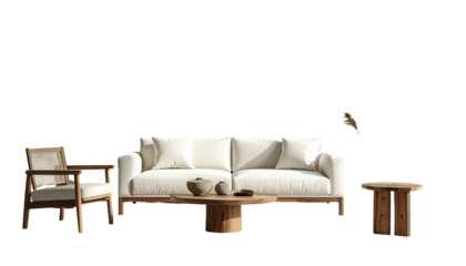 A modern outdoor living space, featuring a white sofa and natural wood furniture