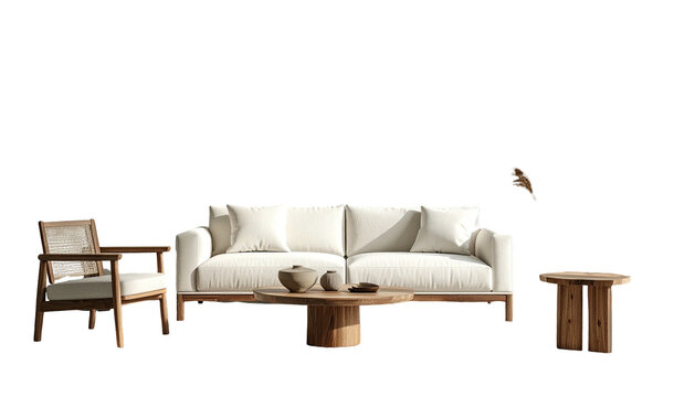 A modern outdoor living space, featuring a white sofa and natural wood furniture
