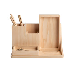 Natural wood desk organizer with pens and office supplies on transparent background