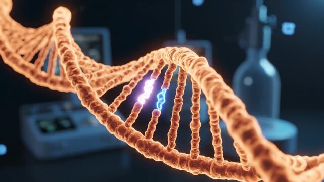 Wide angle biotechnology scene showing rna interference controlling gene expression for scientific discovery and development of new therapies
