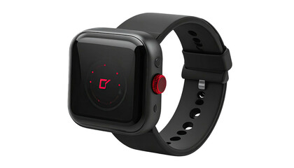 Fototapeta premium Black smartwatch with a red button, displaying a red design on screen